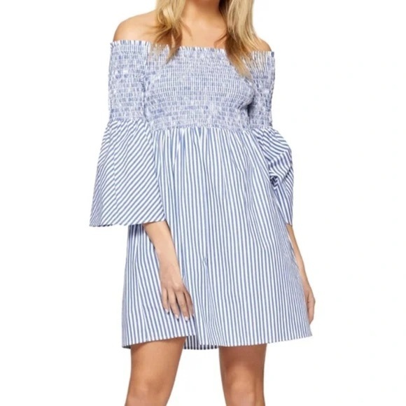 Zara Woman Off Shoulder Shirred Tunic or Mini Dress Coastal Stripe White Blue XS - Picture 1 of 9